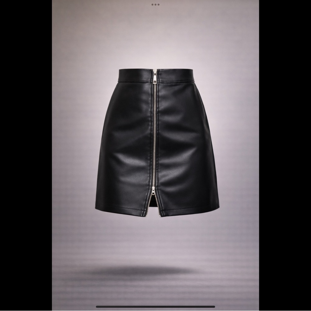 Express Genuine Leather Skirt 7/8 Black Midi Zip Front 2-Way Zipper - Picture 2 of 16